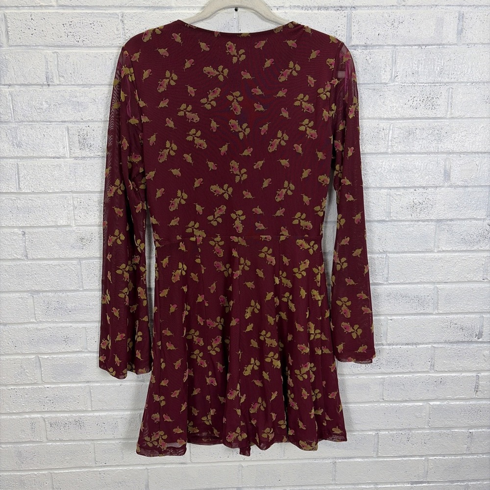 Betsey Johnson Dress Womens S Burgundy Floral Mini Sheer Mesh Flare Sleeve - Picture 2 of 12